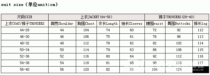 北京普特圣美西裝尺碼對應表