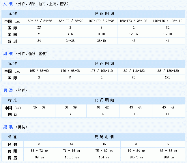 國際通用服裝尺碼對(duì)應(yīng)表