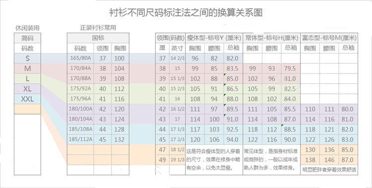 北京普特圣美襯衫尺碼對(duì)照表